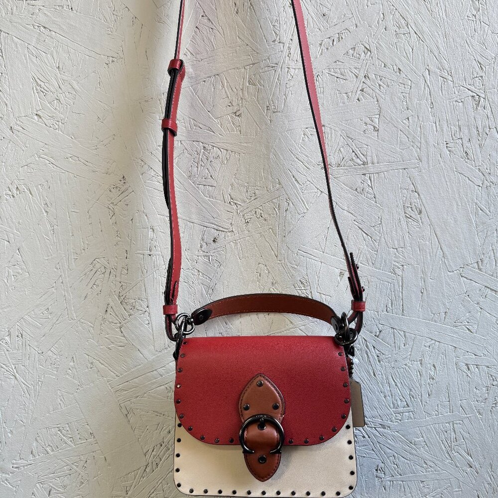 COACH Beat 18 rivets leather shoulder crossbody bag -Red Sand Ivory Tan - Picture 7 of 13